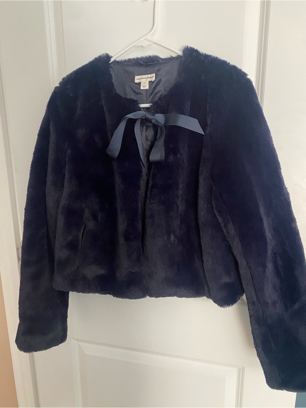Maison Jules Navy Blue Faux Fur Tie-Neck Jacket
